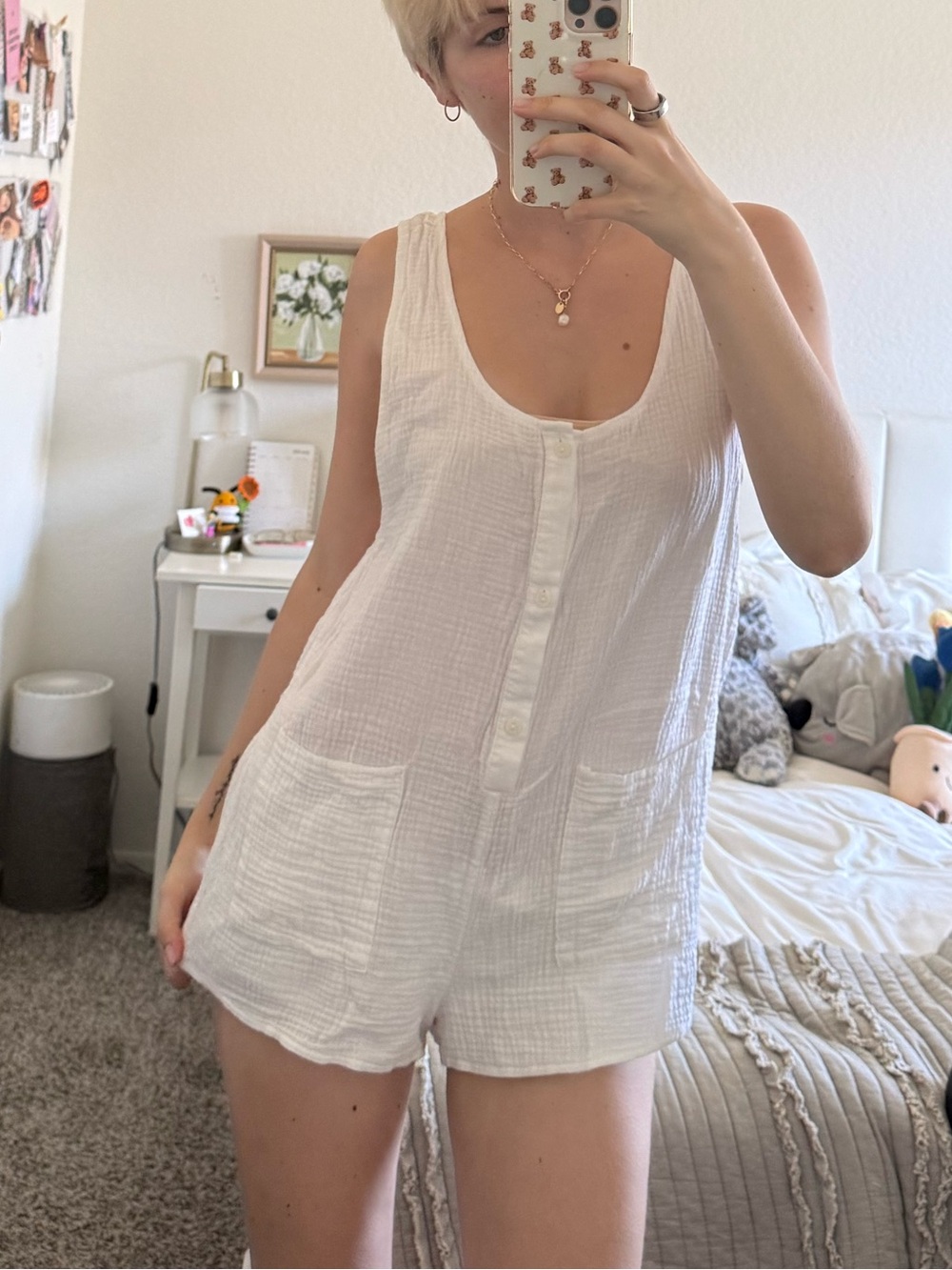 White Gauze Button-Front Romper